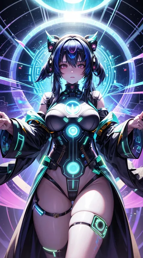 A female techno-shaman surrounded by a holographic array of geometric fractals, her body merging seamlessly with the pulsating, luminous patterns as she accesses a transcendental digital plane using her cybernetic enhancements.