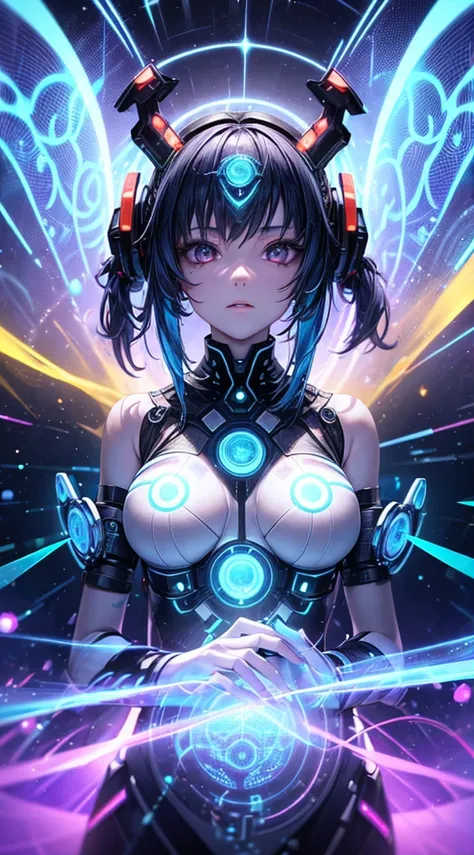 A female techno-shaman surrounded by a holographic array of geometric fractals, her body merging seamlessly with the pulsating, luminous patterns as she accesses a transcendental digital plane using her cybernetic enhancements.