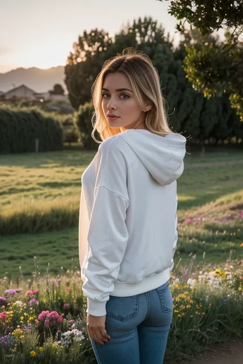 Primer plano, una escena occidental, A beautiful lonely blonde woman standing next to a divided fence in a meadow full of flowers in a Mexico City village as the sun sets; Usar un jogger comodo y una hoddie o sudadera, trae tenis, senos grandes,, Pezones c...