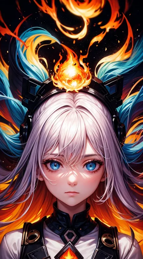 A portrait of a person with surreal elements: galaxy eyes and hair made of flames.