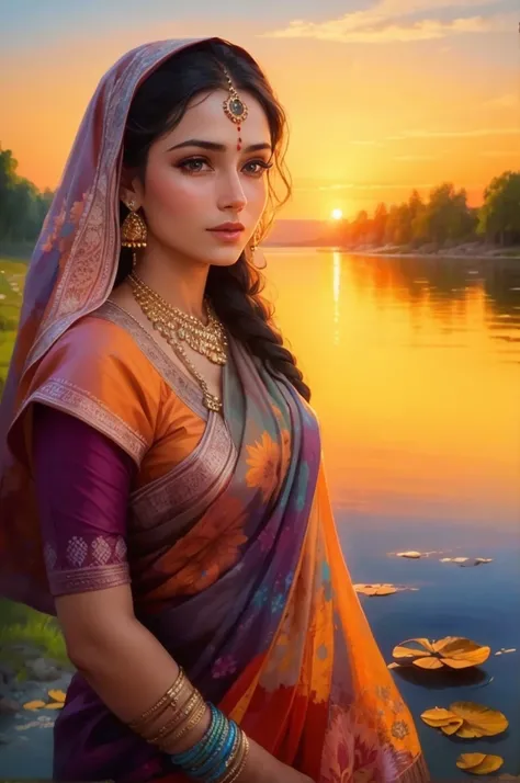 Generate a portrait of a stunning Russian Hindu woman by the banks of the Volga River, draped in a vibrant silk saree with intricate patterns. Enhance the image with the reflection of the setting sun on the water, creating a warm and enchanting atmosphere.