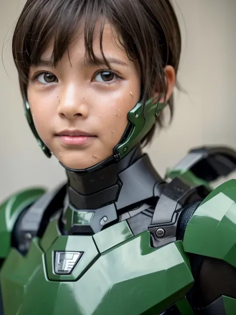 Textured skin, Super Detail, high details, High quality, Best Quality, hight resolution, 1080p, hard disk, Beautiful,(War Machine),beautiful cyborg woman,Dark Green Mecha Cyborg Girl,Very Shorthair、sweaty brown eyes、Sweaty face、Bitter expression　Drooling f...