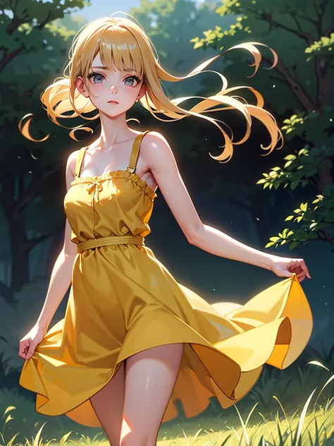 photoRealistic,Realistic, Solo, photoRealistic, Best Quality, 超A high resolution, 1girl in,, , Blonde hair in a ponytail, Wearing a yellow sundress, Wind blowing through the grass,, , 1girl in,, Beautiful, masutepiece, Best Quality, extra detailed face, Pe...