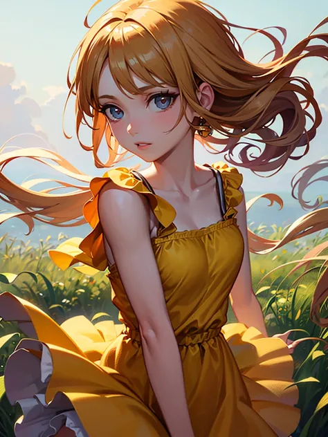 photoRealistic,Realistic, Solo, photoRealistic, Best Quality, 超A high resolution, 1girl in,, , Blonde hair in a ponytail, Wearing a yellow sundress, Wind blowing through the grass,, , 1girl in,, Beautiful, masutepiece, Best Quality, extra detailed face, Pe...