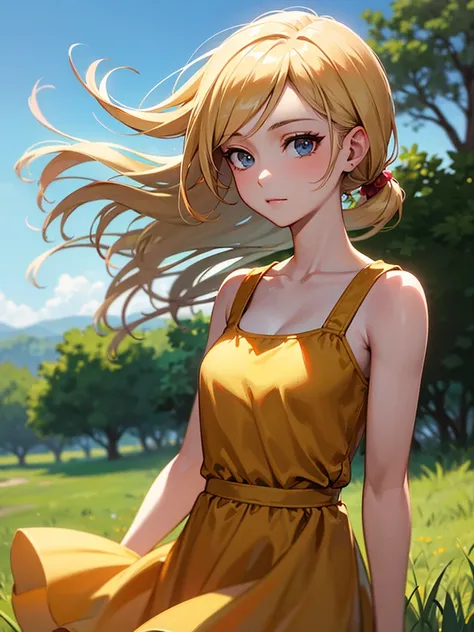 photoRealistic,Realistic, Solo, photoRealistic, Best Quality, 超A high resolution, 1girl in,, , Blonde hair in a ponytail, Wearing a yellow sundress, Wind blowing through the grass,, , 1girl in,, Beautiful, masutepiece, Best Quality, extra detailed face, Pe...