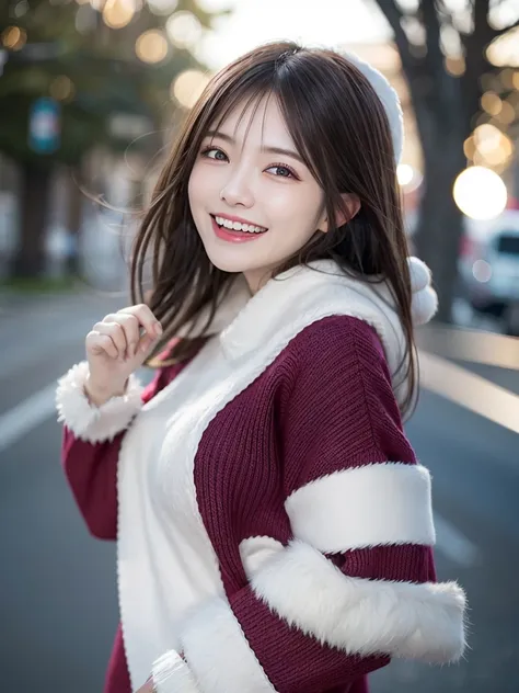 girl with、cosy sweater on、The upper part of the body、(Huge laughter:1.1)、(Opening Mouth:1.1)、(widely opened eyes:1.2)、Sun glare、bokeh dof、depth of field background、Particles of light、heavy wind、(Heart particles:1.1)、Santa Claus Costume