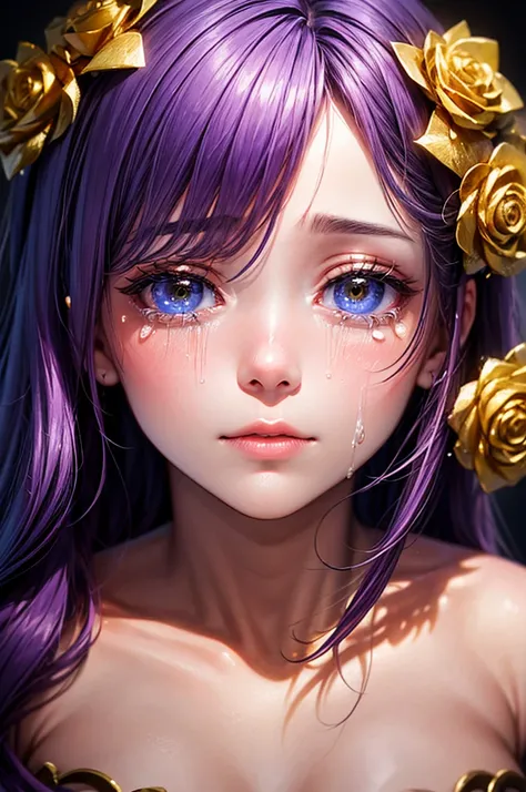 Print to mix colors. perfect symmetry. Scene of beautiful woman with intense eyes crying tears and golden lips Purple rose in the middle located next to the face of ADLT 18.. blush, reflection, Stepped. Illustration, Cinematic lighting. view from the ceili...