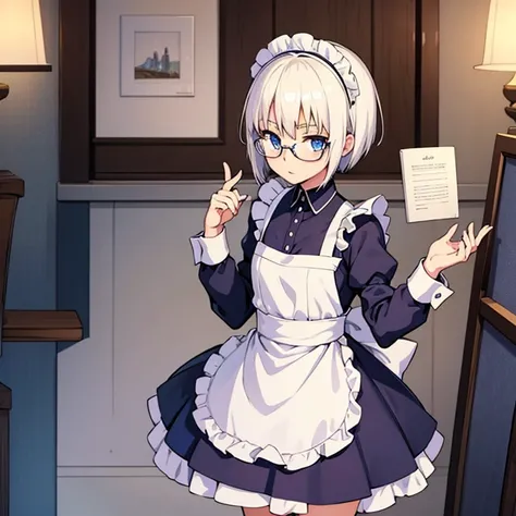 A petite anime girl, glasses, platinum blonde hair, blue eyes, short hair, maid uniform, fate art style