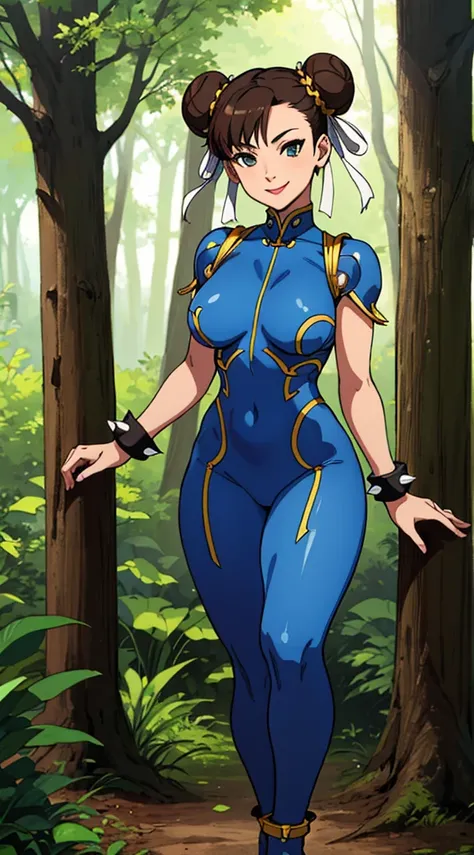 1girl, Chun-li, short brown hair, double bun, (alone), (standing), (Curvy), smile, (masterpiece), (best quality, highly detailed, (Full blue bodysuit), Forest, Spike bracelet,