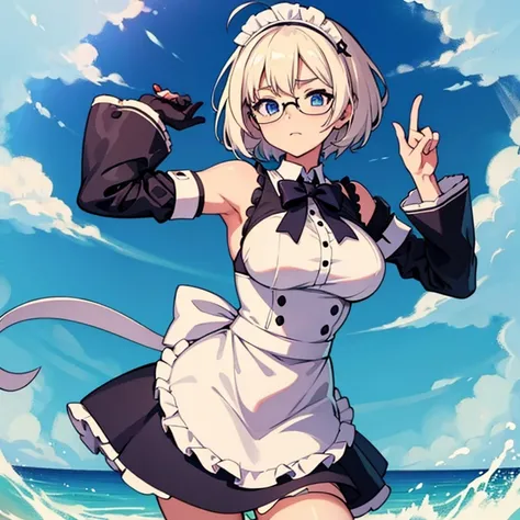 A petite anime girl, glasses, platinum blonde hair, blue eyes, short hair, maid uniform, honkai impact art style, big breasts