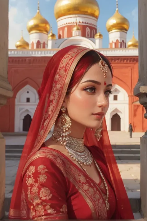 Create a portrait of a graceful Russian Hindu woman in the historic Kremlin courtyard, wearing an elegant saree and a red bindi. Highlight the contrast between the traditional Indian attire and the iconic Russian architecture.