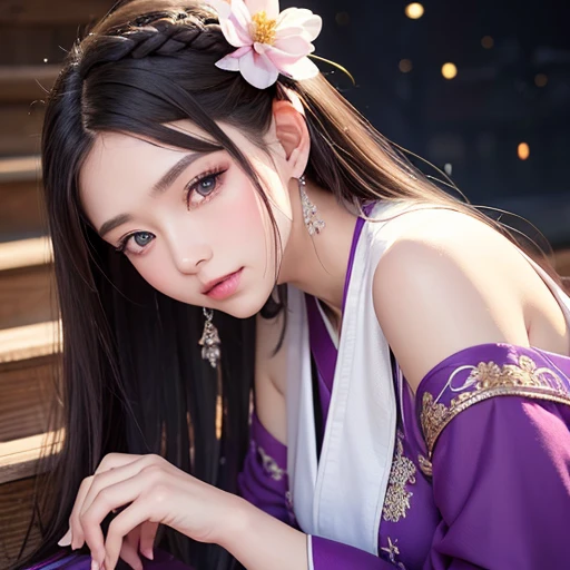 Bright purple Taoist robe, Hanfu long skirt, big eyes, masterpiece absolute beauty, 1 woman, close-up. Close-up, healing smile, snow scene, 4K picture quality, twisted braid, princess hairstyle princess cut, simple hair accessories, plum blossoms, people c...