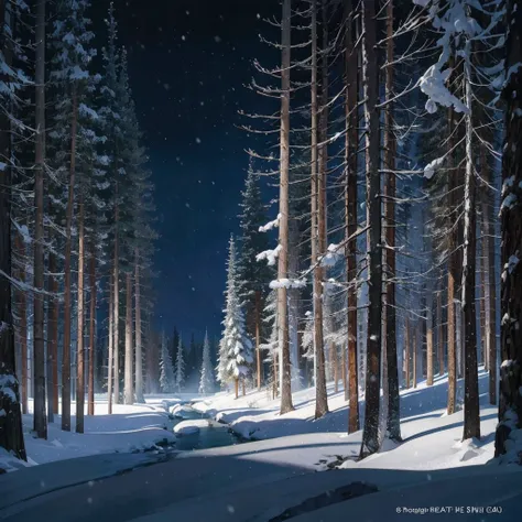 without people, without animals, a dark forest with snow covered trees, dense forest, concept art inspired by Raphael Lacoste, pixiv, conceptual art, anime background art, winter concept art, anime 8k woods, detailed scenery, snowy forest, snow forest, bac...