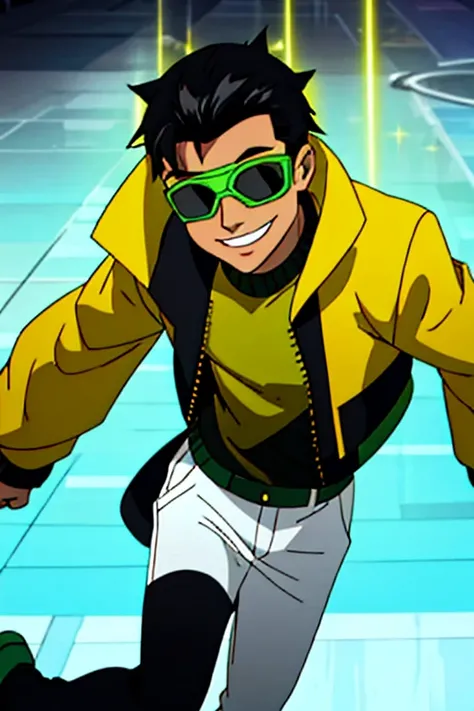 10-year-old boy, Spiky black hair, yellow jacket, green shirt, white pants, black shoes, goggles on top of head, smiling.