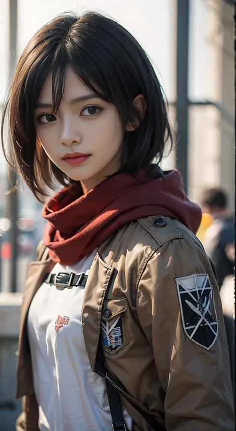 (masterpiece), (hyper realistic), attack on titan, upper body, mikasa ackerman, wearing streetwear hoodie, red scarf on the neck...