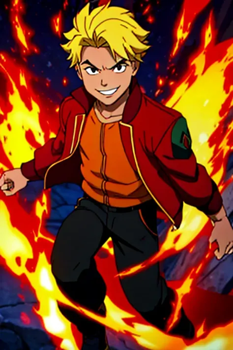 10-year-old Brazilian (((boy))), red jacket, black pants, blonde hair, cocky smile, fire power.