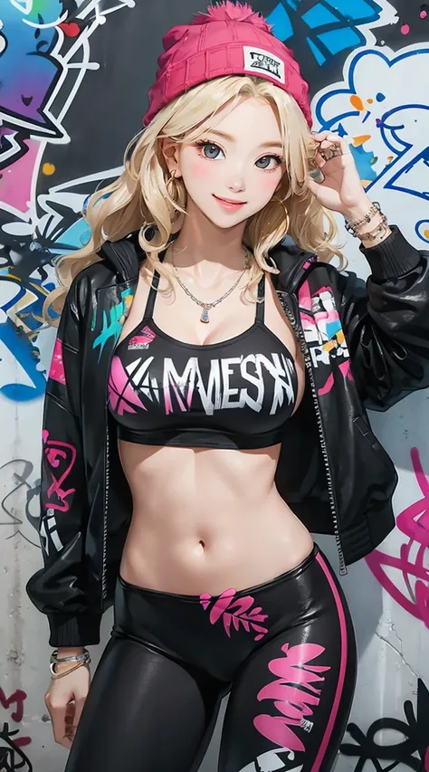 (masterpiece, best quality), nice figure, big breasts, wavy hair, bracelet, necklace, (graffiti wall:1.15), beanie, printed bikini top, jacket, leggings