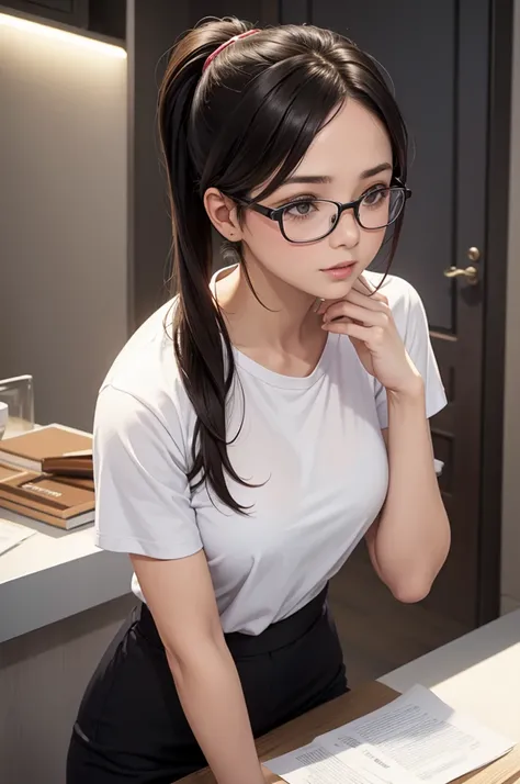 Pretty Brunette Office Girl, at reception desk, tight white t-shirt, glasses, Pony-tail