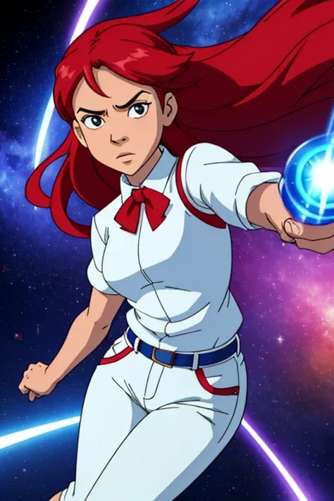 10-year-old (((girl))), dignified, white shirt, blue pants, long red hair, wields spacial power.