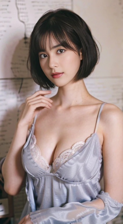 21
(Shorthair:1.3), (a 20 yo woman), (A hyper-realistic), (masutepiece), (8KUHD), Focus on the face, (The walls of the room are fractal design:1.23)、cleavage of the breast、Lace camisole