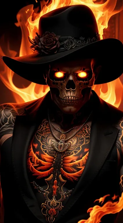 (best quality, highres, ultra-detailed), fiery skeletons, adorned with intricate tattoos, confidently puffs on a cigar, dances on a bed of flames, (portrait:1.2), dark and sinister color palette, dramatic lighting, smoky atmosphere