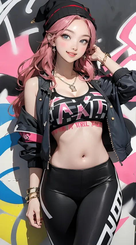 (masterpiece, best quality), nice figure, big breasts, wavy hair, bracelet, necklace, (graffiti wall:1.15), beanie, printed bikini top, jacket, leggings