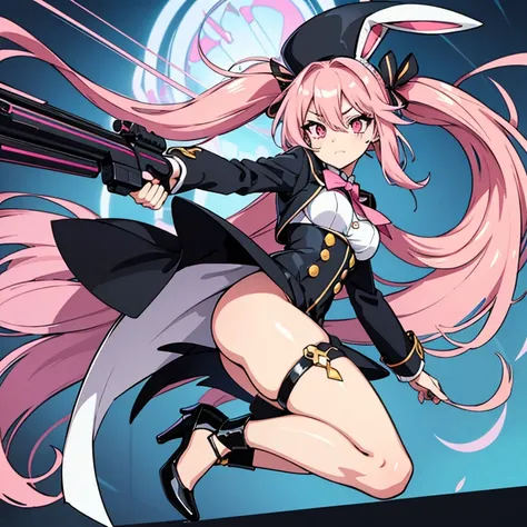 Blue Archive art style, an anime girl, long pink hair, white and black bunny girl suit, holding a hat with one hand and a yellow-black colored machine gun in the other, black high heels, pink eyes, sparkling eyes, cheerful personality, twintail,