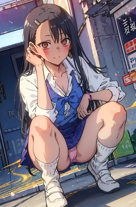 (top-quality:1.4、​masterpiece:1.4)、(nagatoro hayase:1.5、friendly gal、1girl in)、(Angle from the front、A dark-haired:1.6、Show me your pants)、grin、Realistic white panties:1.6、Panty seams、pantyshot、Panty crotch、Panchira、Opening legs、