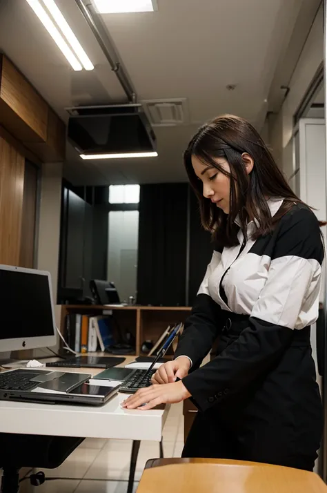 pretty woman in office, work suit, working, looking at computer screen