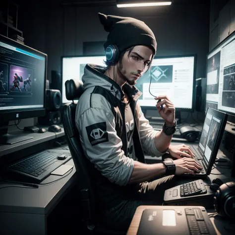 video game, man playing on the computer,  game character, ciberpunk, 4K