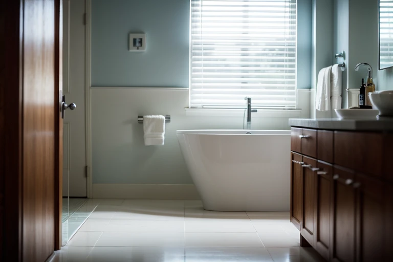 cinematic still of close-up toilet on bathroom with grab bar on wall, morning vibe window, cinematic lighting, blurry foreground, f/2.8, Hasselblad, 35mm, masterpiece, ultra high res.photorealistic:.1.4,UHD