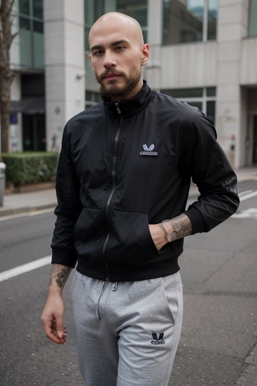 Balenciaga bulgarian 25 year old model man bald head with thin mustache and long beard wearing black adidas tracksuit