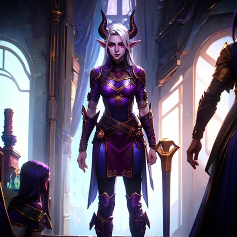 masterpiece, highest quality, (full body view), (perfect face:1.1), (high detail:1.1), (hyper detailed eyes), a tiefling woman with pale white skin and long voluminous white hair, 25 years old, purple eyes, long hair, purple horns, toned body, athletic bod...