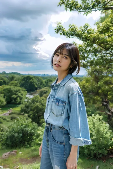 A Japanese Lady, look at viewr, Short hair, Shirt, jeans, cloud, day, skyporn,Outdoors, Post-apocalypse, Ruins, Scenery, tree, Water,