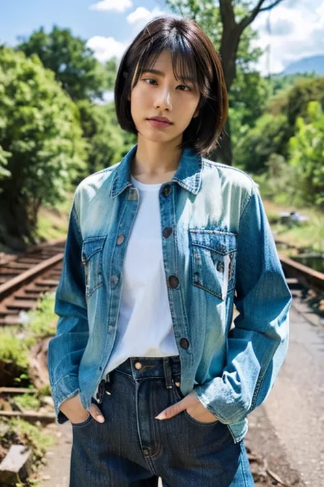 A Japanese Lady, look at viewr, Short hair, Shirt, jeans, cloud, day, skyporn,Outdoors, Post-apocalypse, Ruins, Scenery, tree, Water,