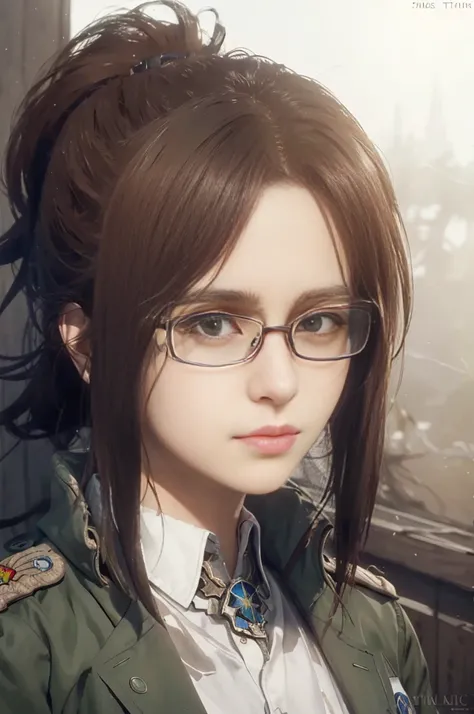 portrait of beautiful HangeAOT, 1girl, solo, jacket, glasses, uniform, emblem, paradis_military_uniform, survey_corps_(emblem), volumetric lighting, best quality, masterpiece, intricate details, tonemapping, sharp focus, hyper detailed, trending on Artstat...