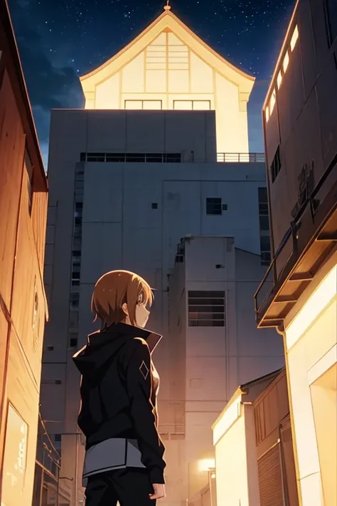 Anime character standing in front of a building with lights on, Sao style anime, Medium shot of two characters, TV animation stills, in the anime film, screenshot from the anime film, Today’s recommended anime is still, anime movie screenshot, Screenshot o...