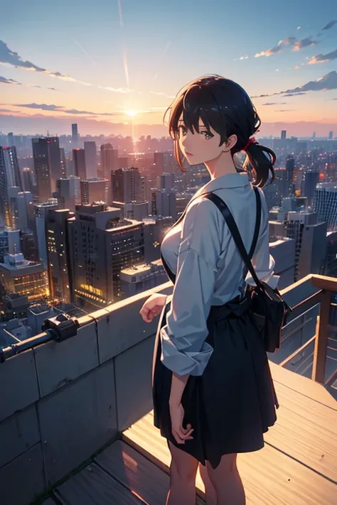 (best quality,4k,highres),ultra-detailed,(realistic:1.37),(anime:1.1) 
A woman standing on a rooftop, gazing at the night cityscape, tranquil night. Over-the-shoulder shot with the setting sun. Japanese anime, Tokyo animation scene, with the city as the ba...