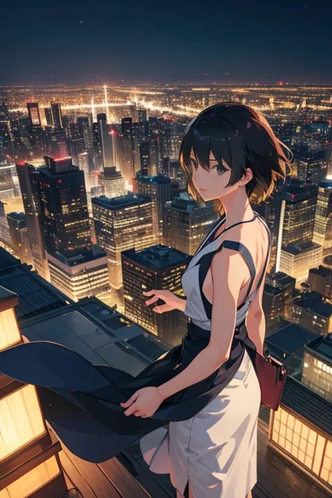 (best quality,4k,highres),ultra-detailed,(realistic:1.37),(anime:1.1) 
A woman standing on a rooftop, gazing at the night cityscape, tranquil night. Over-the-shoulder shot with the setting sun. Japanese anime, Tokyo animation scene, with the city as the ba...