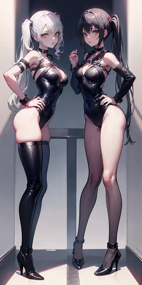 full body, bondage black suit armor, standing straight symmetrical, show ass, hands on hips, twintails, twin drills, high heels, looking back, looking at viewer, handcuffs on their hands, with a collar around the neck, slave, feet up positon, ((black choke...