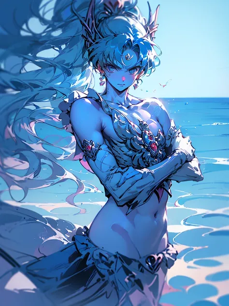 The blue-haired mermaid anime man in the sea has gentle eyes that enchant the dreamy soft light god.