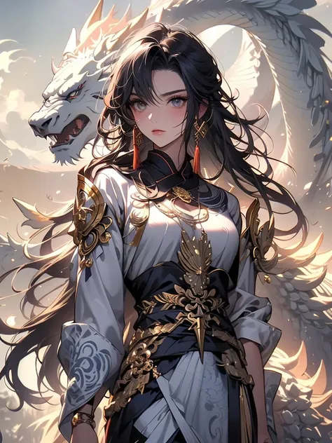 Ancient style female, cold, elegant, white dragon, god, beauty, gold, light, cloud and wind