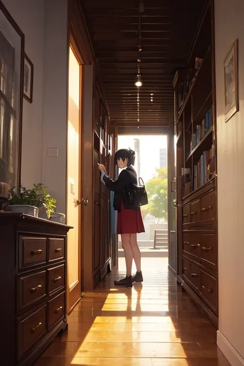 (best quality,4k,8k,highres,masterpiece:1.2),ultra-detailed,(realistic,photorealistic,photo-realistic:1.37), a person standing in a corridor, a pile of drawers in my hands, screenshot from Naruto anime, screenshot from an anime movie, TV anime stills, anim...