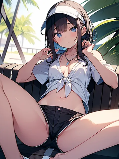 masterpiece, best quality, 1girl, solo, juriswim, tied shirt, bikini under clothes, necklace, short shorts, visor cap, sitting,spread legs,small breasts