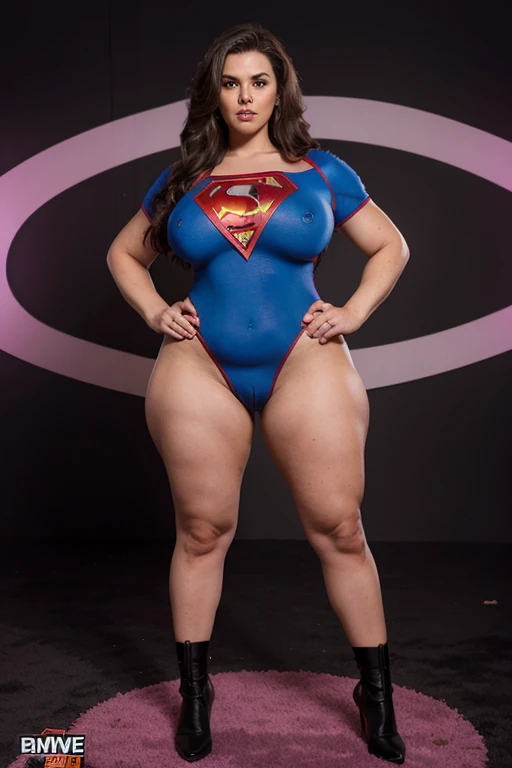 (mature superheroine bbw , full body,), hands on hips and legs apart, vagina, hypnotized, defeated,