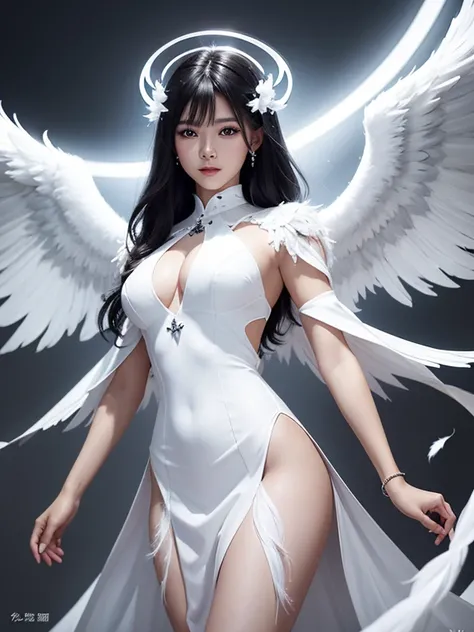 Beautiful black angel in white dress, art station chengwei, halo, white feathers