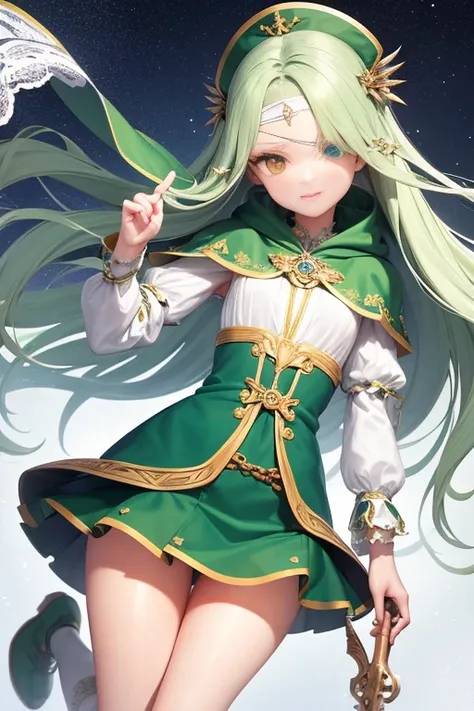 ((Best quality at best)), ((tmasterpiece)), (Detailed pubic hair), s the perfect face，full bodyesbian，Green cloak with gold strokes，medieval dress，adventurer，a blue long hair girl，White skirt with white lace，Green boots，White shirt，Qi bangangs occupy half ...