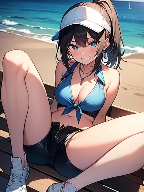 masterpiece, best quality, 1girl, solo, juriswim, tied shirt, bikini under clothes, necklace, short shorts, visor cap, sitting,spread legs,medium breasts,evil grin