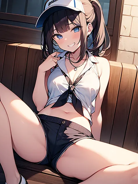 masterpiece, best quality, 1girl, solo, juriswim, tied shirt, bikini under clothes, necklace, short shorts, visor cap, sitting,spread legs,medium breasts,evil grin,[[show off nipple]],nsfw