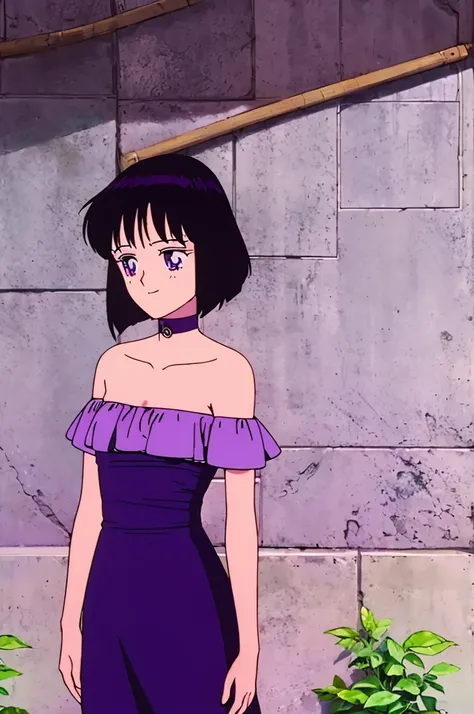 Hotaru_Tomoe, 1 girl, solo, Best quality, masterpiece, Teenager, Purple Eyes, Black Hair, Bob Hair, Bob Haircut, Smile Bare Neck, Bare Arms, Bare Shoulders, Ruffle Off-the-Shoulder Top, purple Strapless Dress, purple Dress, Long maxi dress, Abstract Brickw...